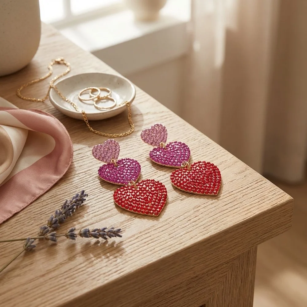 Multicolor Rhinestone Triple Tier Dangle Heart Earrings